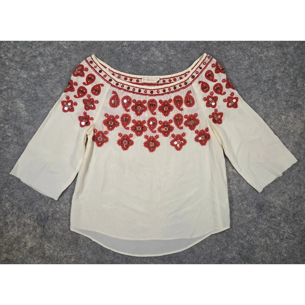 Tory Burch Silk Embroidered Mirror Sequin Blouse Ivory Red Boho Top Size 6